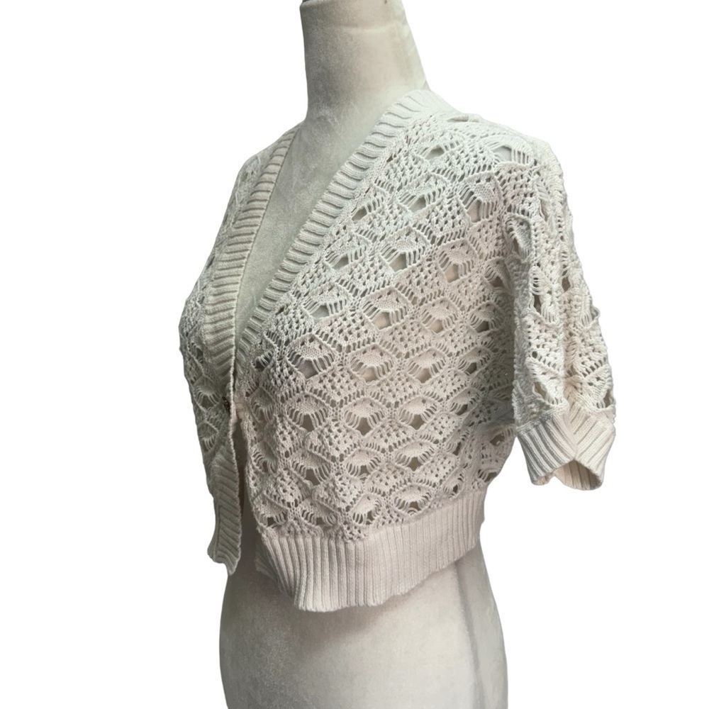 Calvin Klein White Open Knit Cropped Short Sleeve Bolero Sweater Size M - Picture 4 of 8